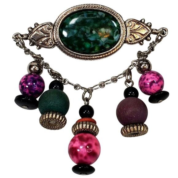 Vtg Bohemian Boho Dangle Beads 2.5" Unsigned Pin Brooch - Picture 1 of 4